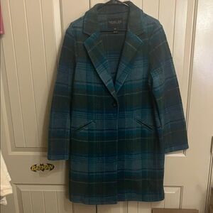 Rachel Zoe Teal and Dark Green Plaid Single-Button Pea Coat